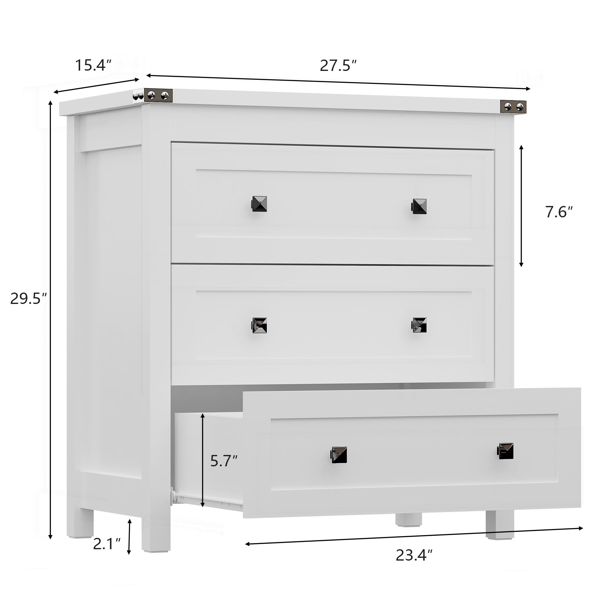 Dresser for Bedroom with 3 Drawers, Small Chests of Drawers, 27.55" Wide Farmhouse Wood Nightstand Bedside Cabinet Side End Table, Modern Closet Storage Organizer for Living Room, Entryway, Hallway, White