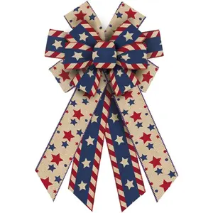 Threetols Large Patriotic Wreath Bows, Memorial Day Bows for Wreath Labor Day Burlap Star Bows for Front Door, Red Blue White Stripe Patriotic Tree Topper Bow for 4th of July Indoor Outdoor Decor