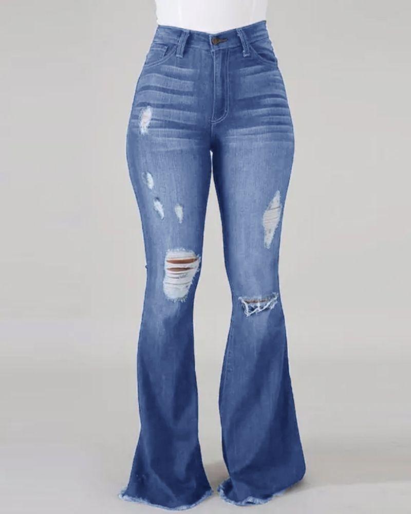 High-pop ripped jeans high-waisted sexy fashion floor-length flared pants