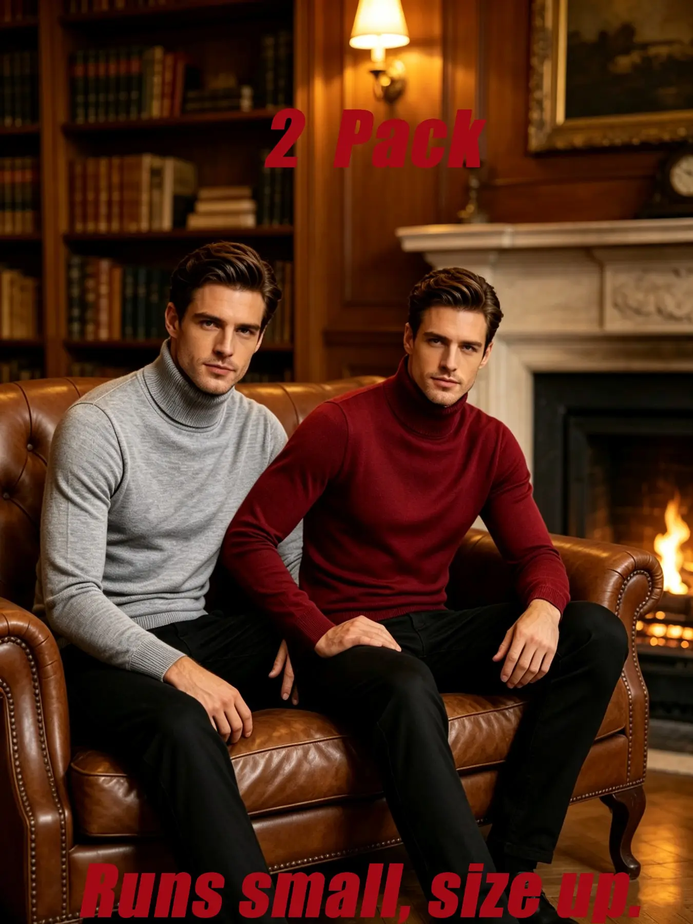 Men's High Neck Base Layer Sweater 2-Pack, Breathable Dense Fabric, Warmth Retention, Fitted Comfort, Durable Anti-Pilling
