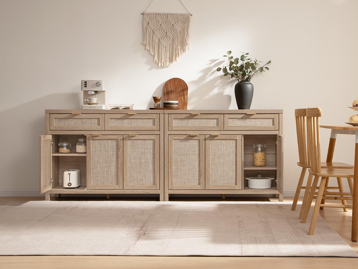 SICOTAS Rattan Sideboard Buffet Cabinet - Boho Farmhouse Credenza with 3 Doors and 2 Drawers, Storage Console Cabinet for Kitchen, Living Room, Entryway, Coffee Bar and Home Decor SICOTAS Rattan Sideboard Buffet Cabinet - Boho Farmhouse Credenza with 3 Doors and 2 Drawers, Storage Console Cabinet for Kitchen, Living Room, Entryway, Coffee Bar and Home Decor