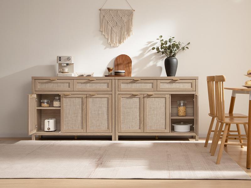 SICOTAS Rattan Sideboard Buffet Cabinet - Boho Farmhouse Credenza with 3 Doors and 2 Drawers, Storage Console Cabinet for Kitchen, Living Room, Entryway, Coffee Bar and Home Decor SICOTAS Rattan Sideboard Buffet Cabinet - Boho Farmhouse Credenza with 3 Doors and 2 Drawers, Storage Console Cabinet for Kitchen, Living Room, Entryway, Coffee Bar and Home Decor