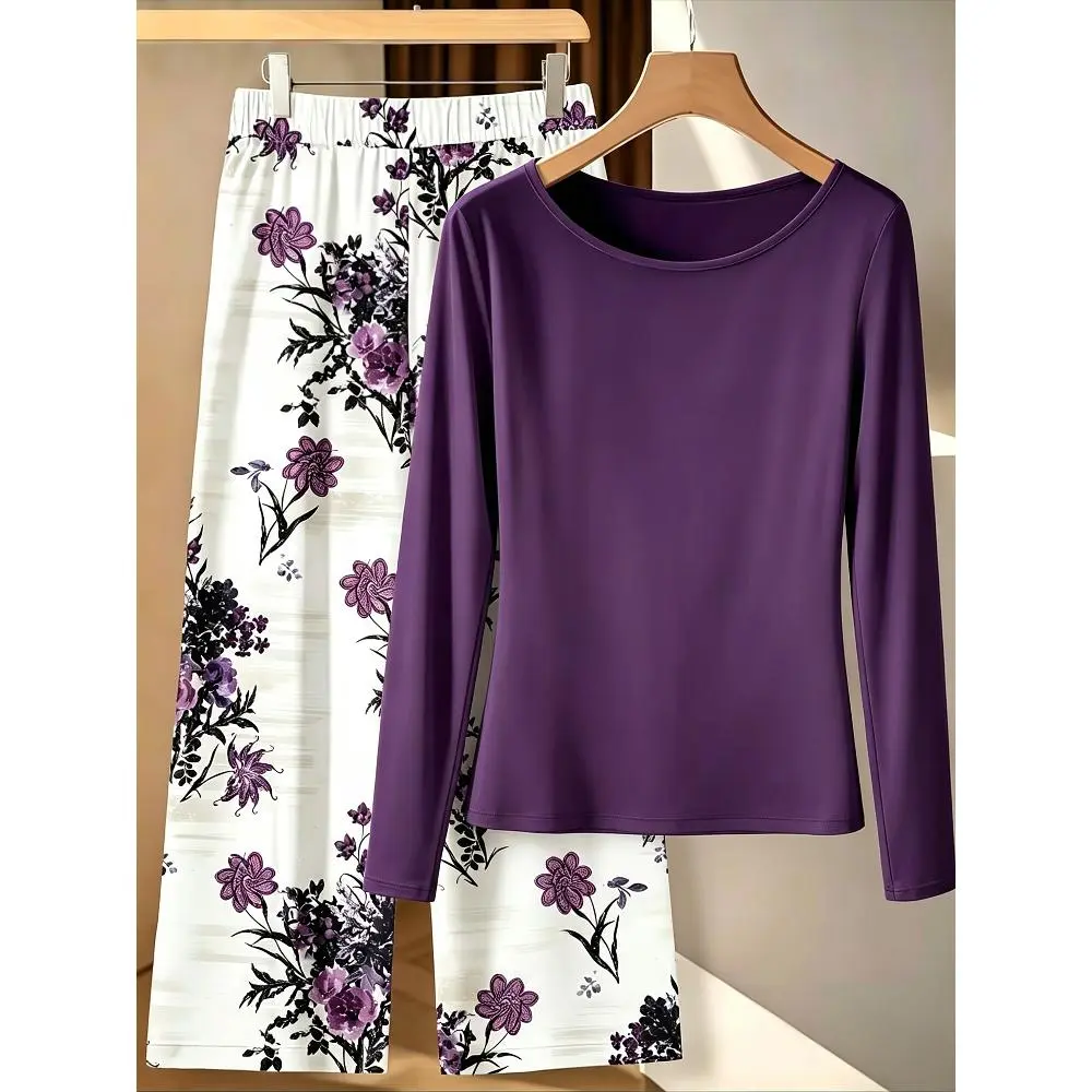 Fashion autumn and winter women's two-piece set - crew neck top with long sleeves, casual flower printing loose pants set, two-piece women's clothing, women's two-piece clothing, autumn and winter coat two-piece set, can be matched inside