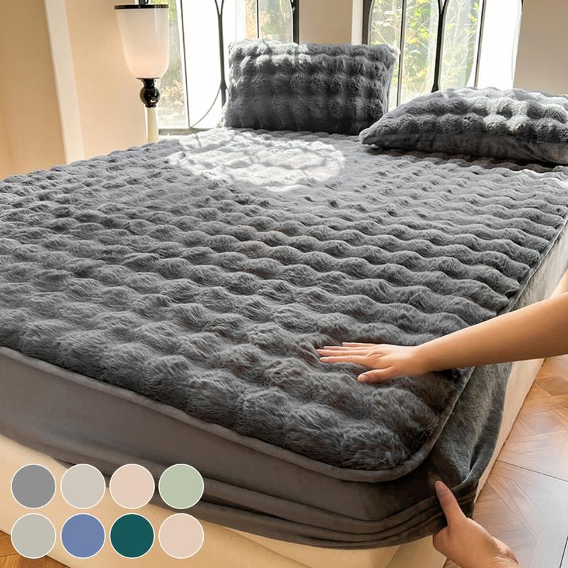 Faux Rabbit Fur Fitted Sheet Set, Ultra Soft Warm Solid Color Bedding, 3-Piece Luxury Bed Sheet Set with 1 Fitted Sheet & 1/2 Pillowcases, All Season Cozy Bedding for Bedroom Dorm Sofa, Fluffy Plush Christmas Gift, Decorative Bedsheet Sets