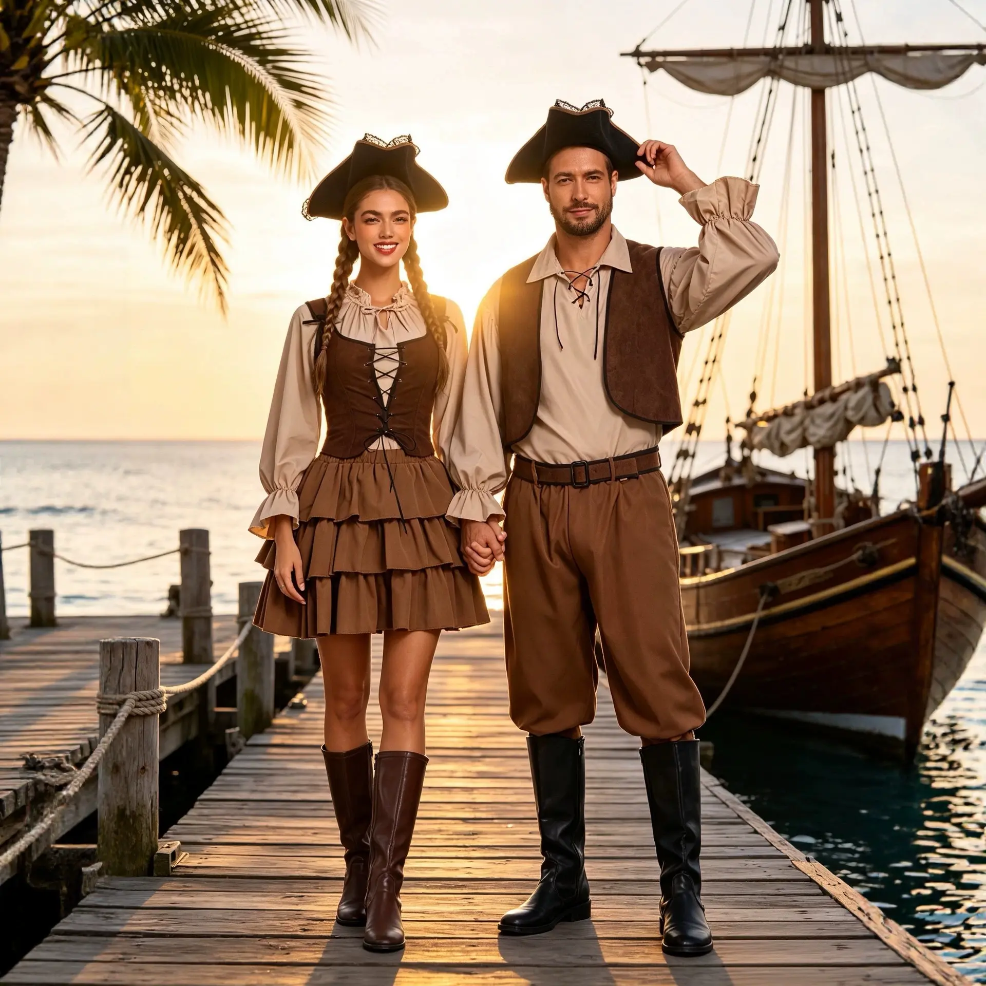 Couple Pirate Costume Retro Captain Outfit for Adult Men Women Halloween Party Role Play