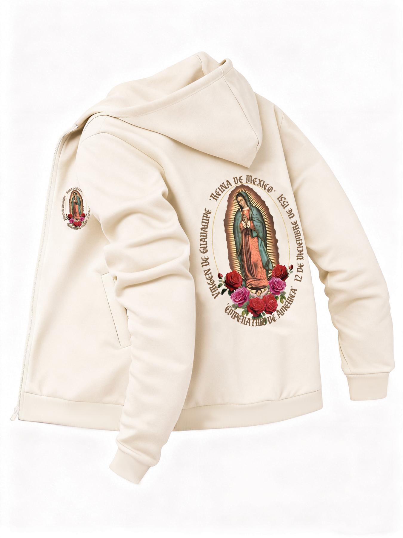 Men's Guadalupe Print Zip Up Hoodie, Casual Regular Fit Long Sleeve Hooded Sweatshirt for Fall & Winter, Men's Top for Daily Wear, Flower Hoodies