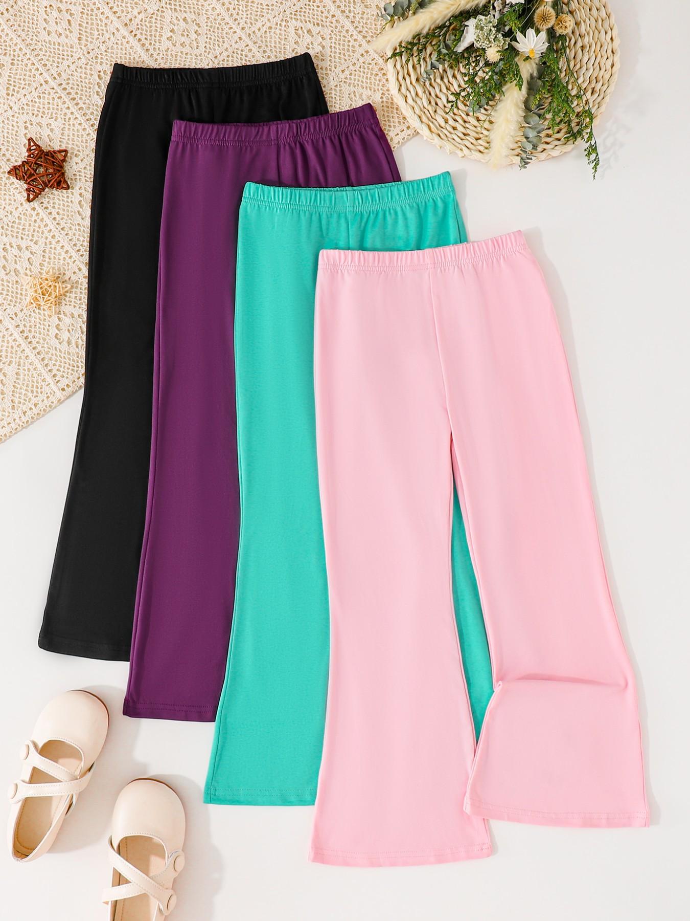 4-Pack Girls' Plain Comfortable Stretchy Casual Bell Bottom Pants, Elastic Outdoor Sports Leisure Bell Bottoms, Suitable for Ages 3+