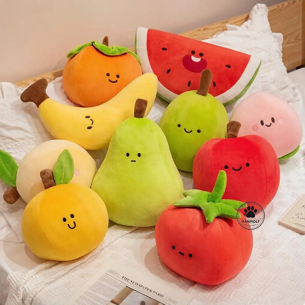 Smiling Face Fruit Plush Toy Stuffed Soft Banana Peach Persimmon Pear Tomato Apple Cute Plushie Small Prop Home Decor Gift