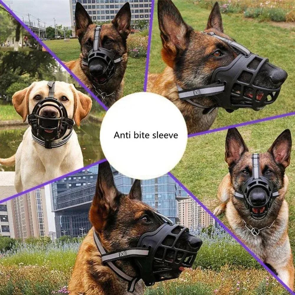 Reflective Silicone Dog Muzzle - Hollow-Out Design, Breathable Basket, Adjustable Size Buckle, Anti-Bite Anti-Chewing Outdoor Accessory for Medium & Large Dogs, Size M