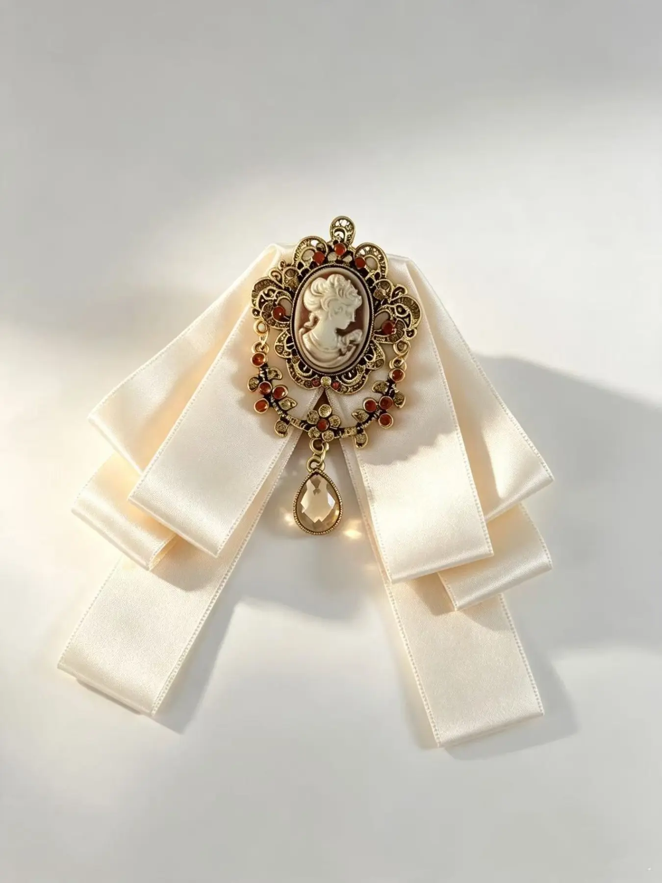 Vintage Cameo Portrait Satin Bow Brooch, Decorative Shirt Collar Bow Pin