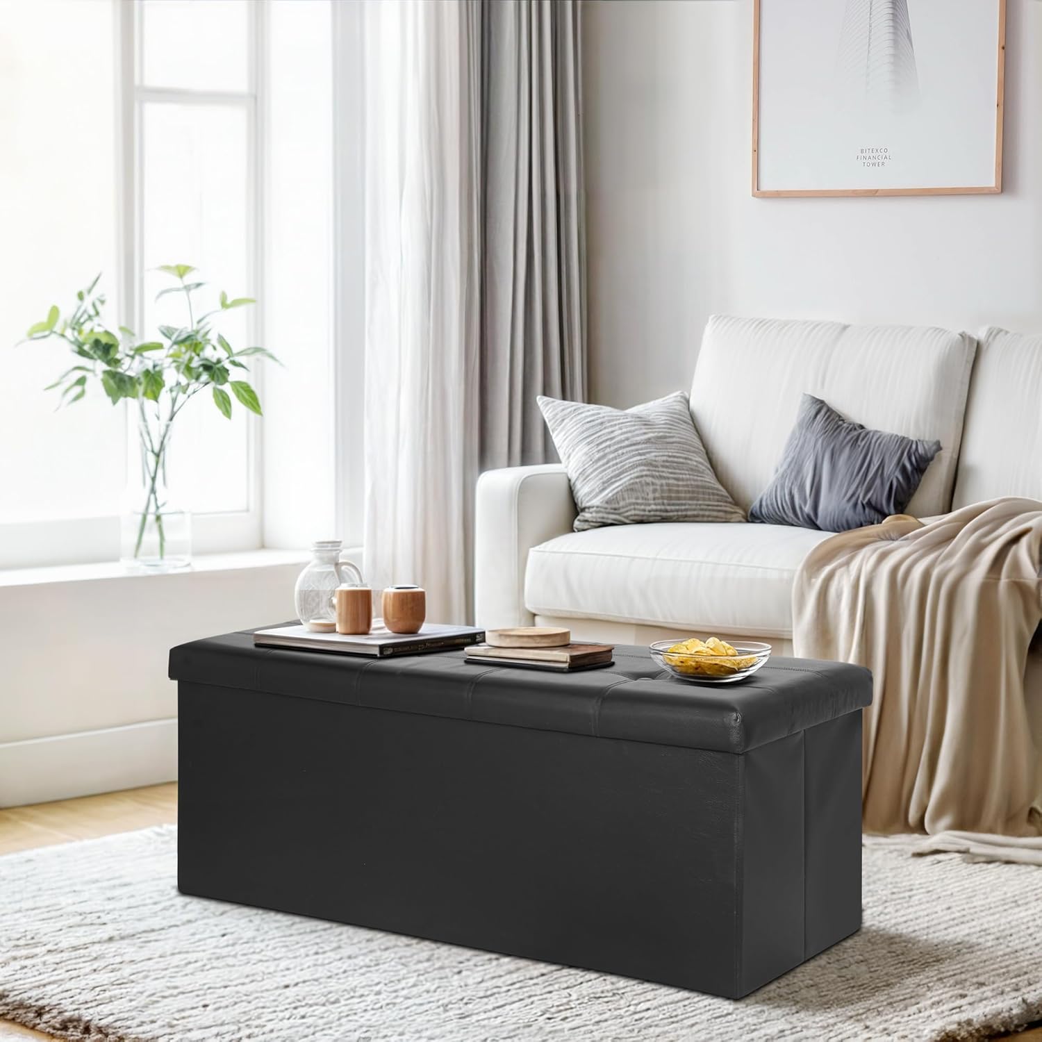 Zenstyle 43"-inFolding Storage Ottoman Bench 660 lbs Faux Leather Footrest Chest W/ Divider for Bedroom Living Room Entryway Black