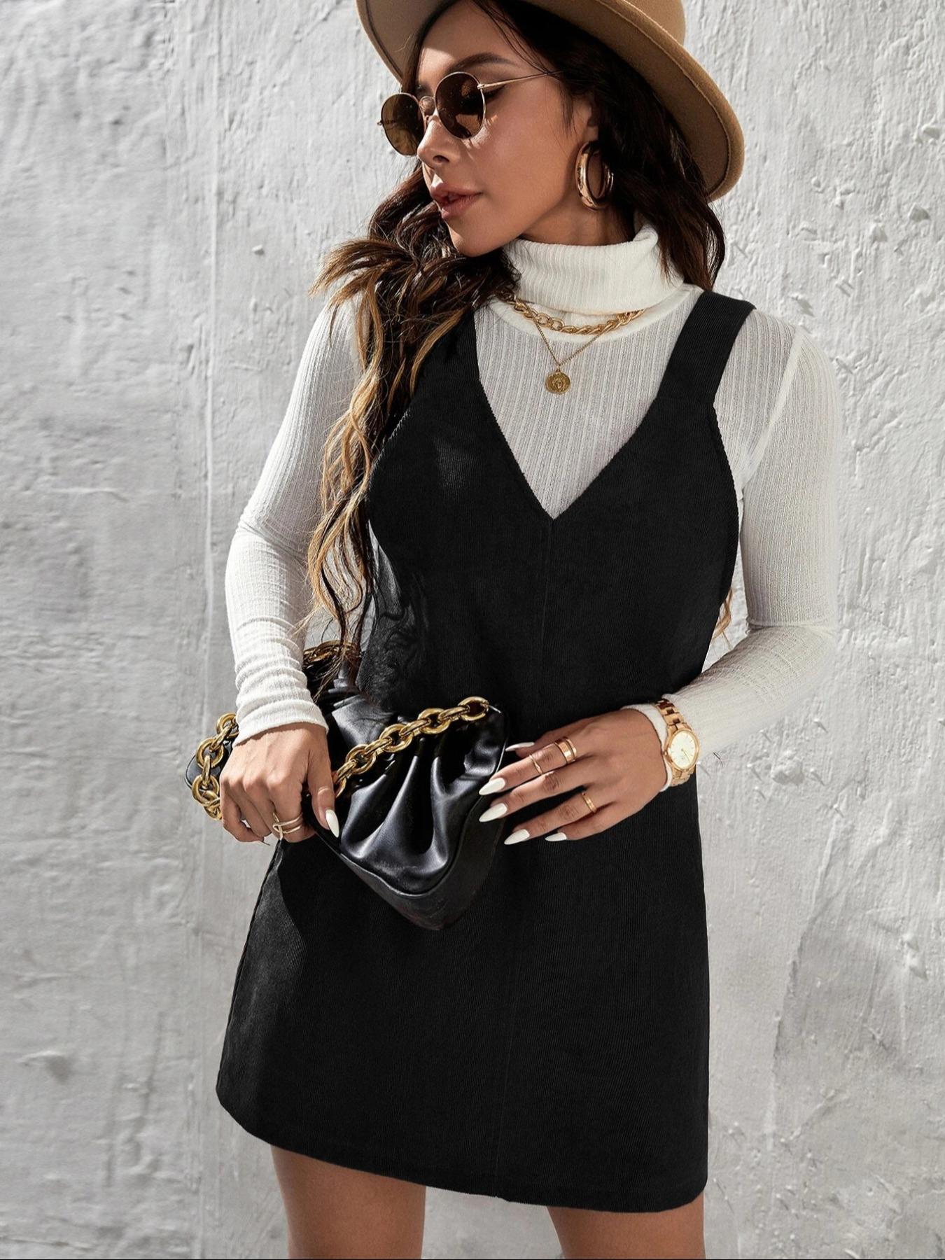 Women's Solid Color Corduroy Vest Dress without Sweater, Casual Sleeveless Straps Short Dress for Daily Wear, Ladies Clothes for All Seasons