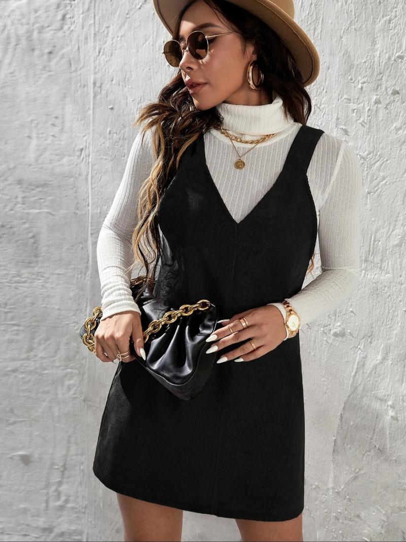 Women's Solid Color Corduroy Vest Dress without Sweater, Casual Sleeveless Straps Short Dress for Daily Wear, Ladies Clothes for All Seasons