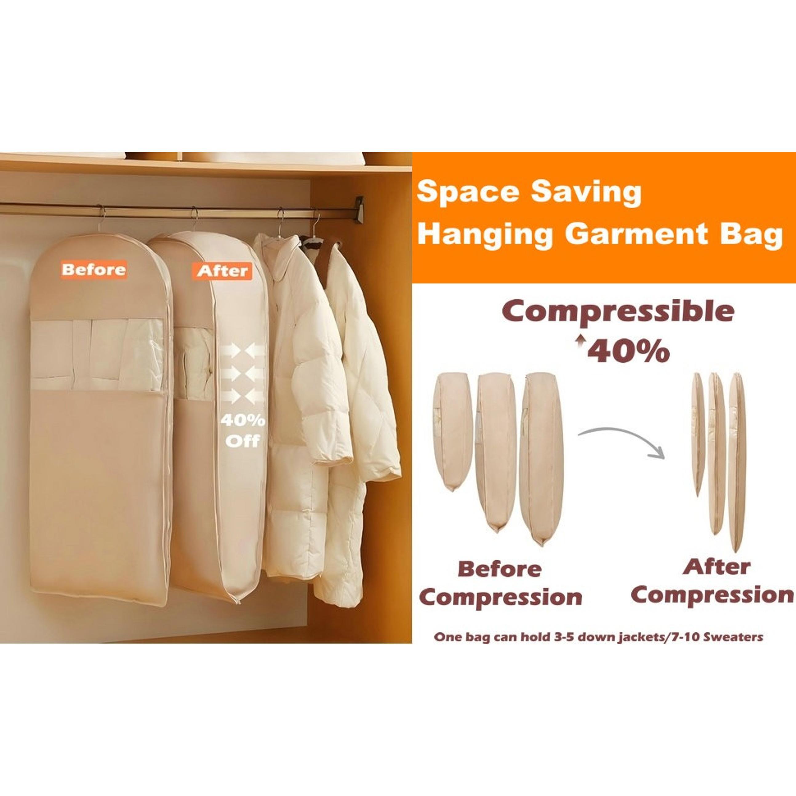 Space Saving Hanging Garment Bag with Self Compression Zipper, Update Space Saver Clothes Storage Organizer, Dust Cover Clothes Bags for Down Coat Suit Dress or Jacket (Beige, XL)