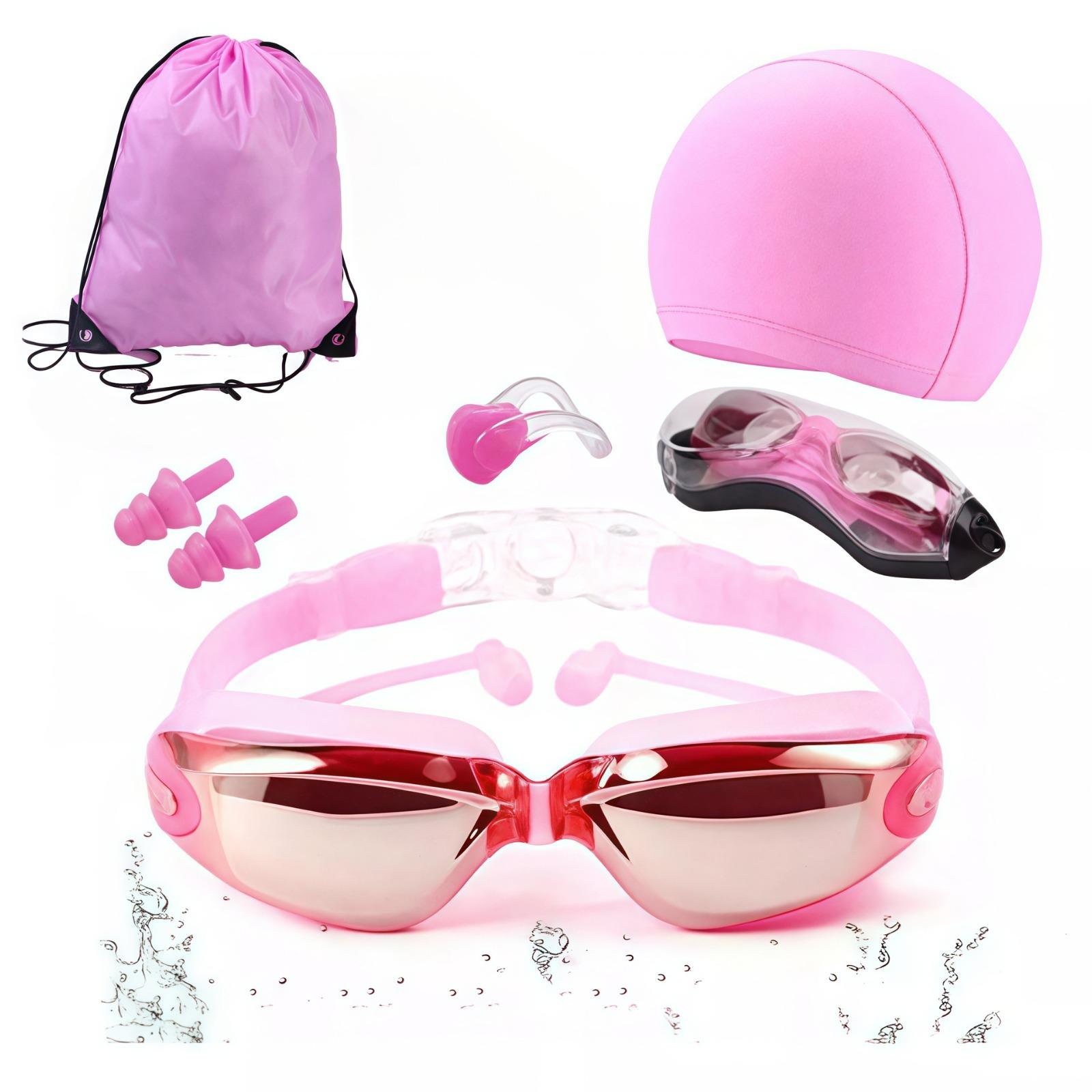 5-Piece Swim Goggle Set: HD, Waterproof, Anti-Fog Goggles with Large Frames, Electroplated Lenses, and Earplugs (Unisex)