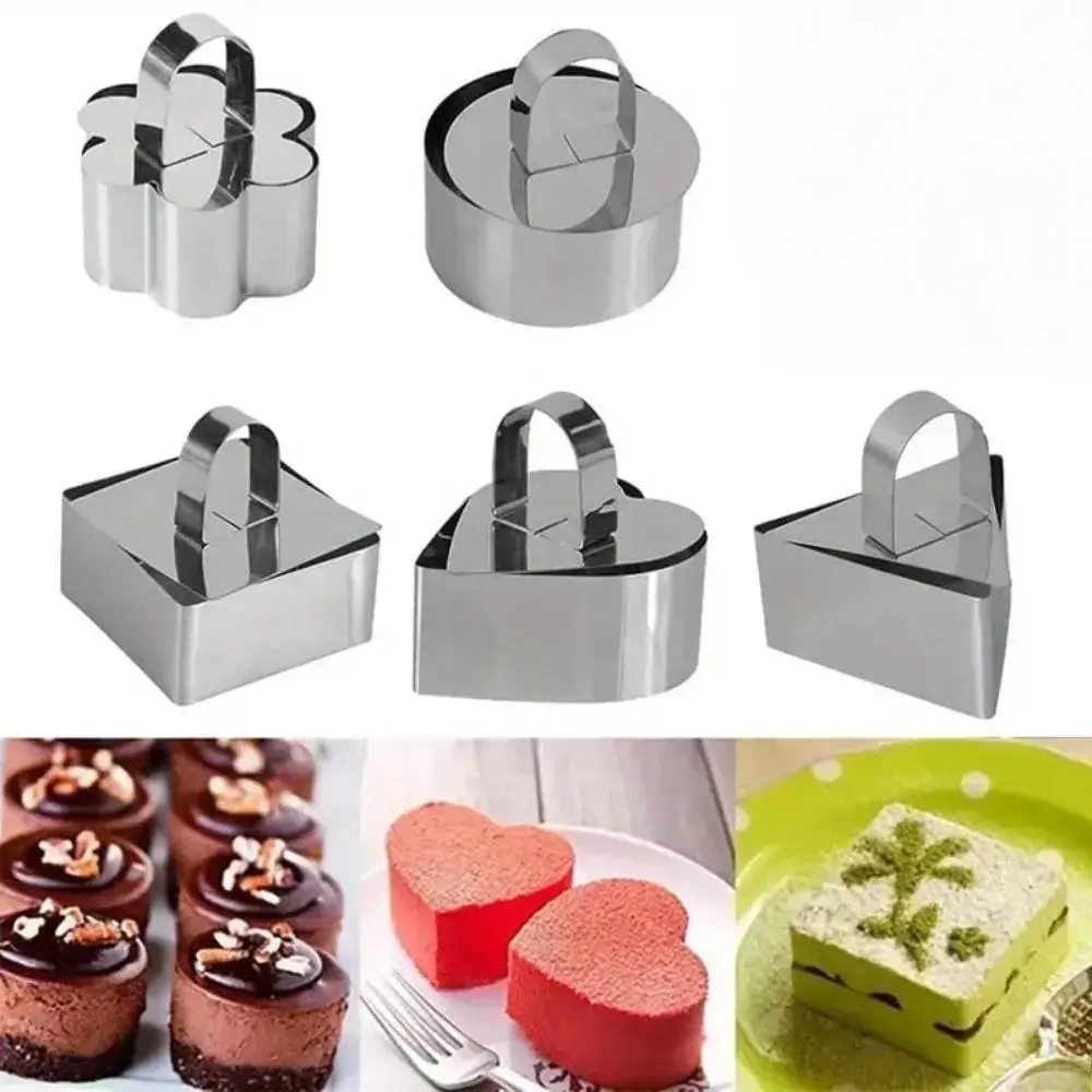 5Pcs Stainless Steel Cake Ring Set | Multi-Shape Bake Mold with Pusher Release