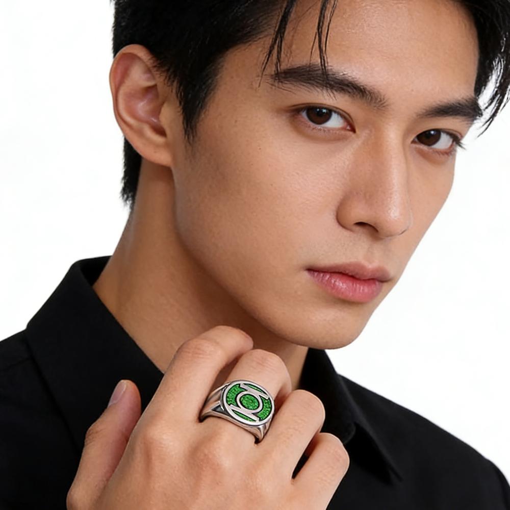 Unisex Silver-Coated Classic Green Lantern Symbol Round Ring - Green Enamel, Superhero Costume Jewelry for Role-Playing & Daily Wear, Circle Shape, Role-Play Ready