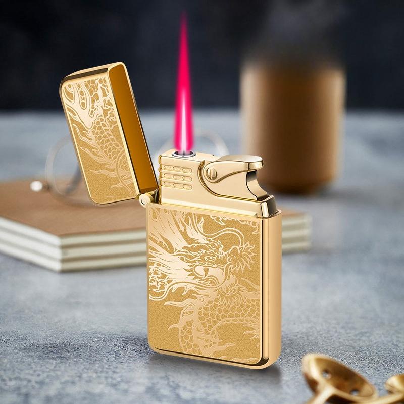 Wind-Resistant Metal Torch Lighters with Red Flame & Dragon Design, Adjustable Flame, Refillable Butane Gas Lighters for Camping, Bbq & Outdoor Use, Cool Gift for Men (Butane Not Included)
