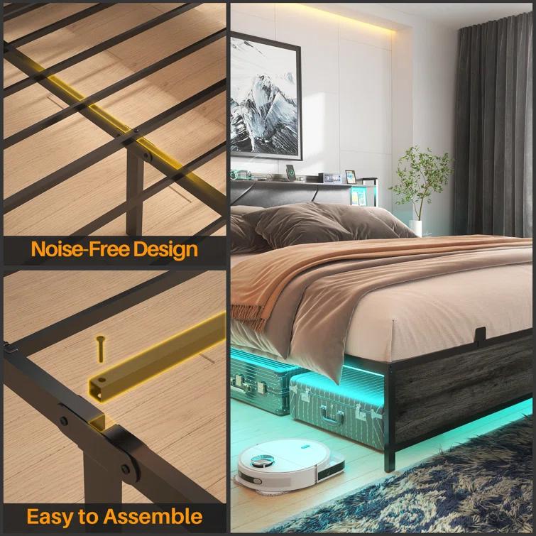 Upholstered Bed Frame with Soft PU Leather Headboard, Modern Storage Design, Intelligent RGB LED Lights, Luxury Comfort for Bedroom Upholstered Bed Frame with Soft PU Leather Headboard, Modern Storage Design, Intelligent RGB LED Lights, Luxury Comfort for Bedroom