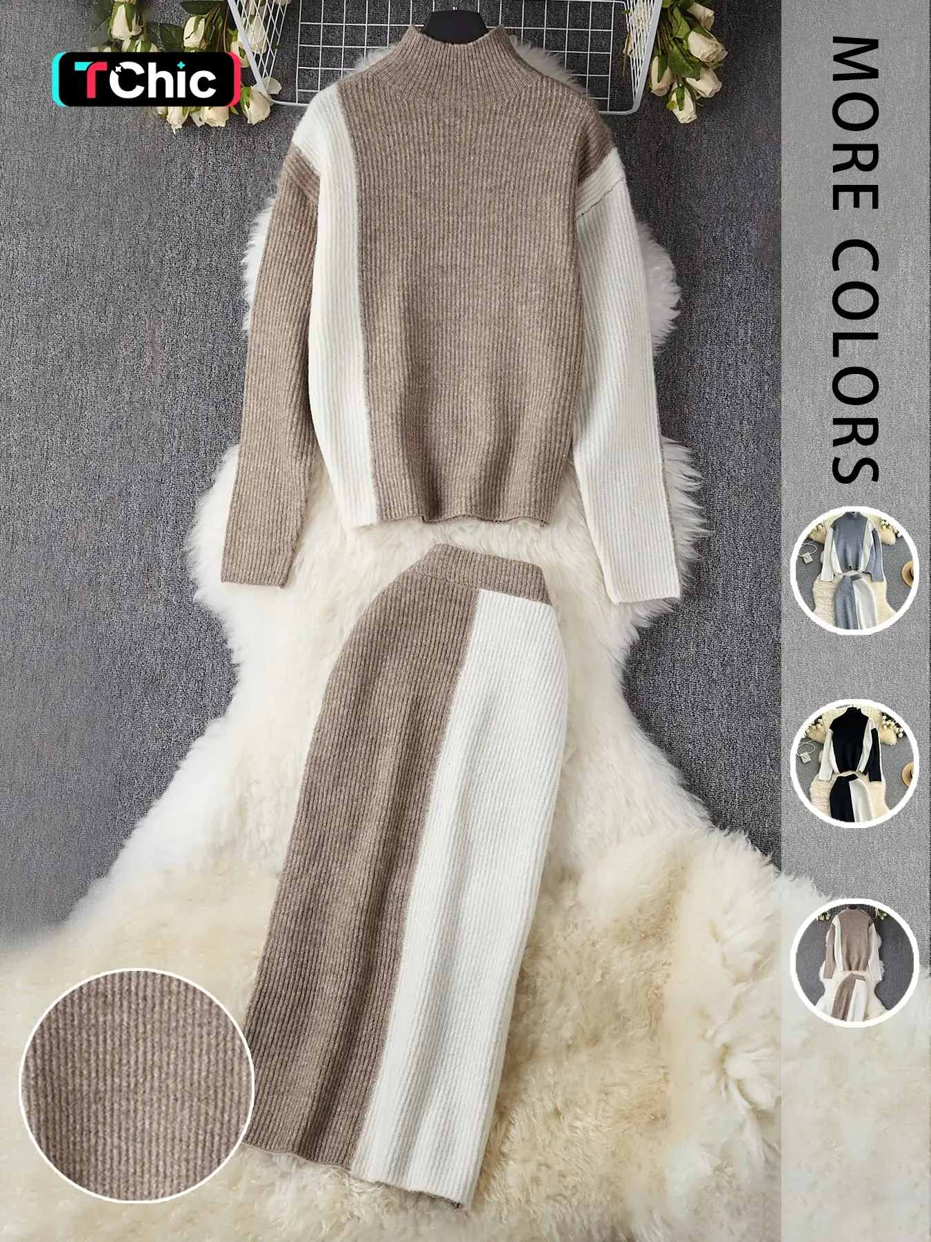 Women's Colorblock Knit Sweater Two-Piece Set, Half-Height Neck Long Sleeve Top + Knitted Skirt Bottom, Fall & Winter Casual