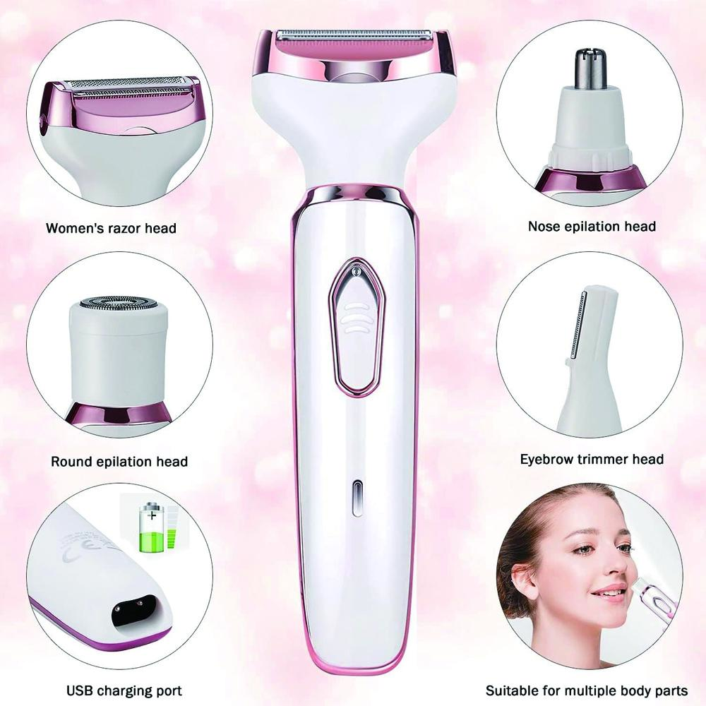 4 in 1 Electric Body Hair Trimmer, 1 Set Portable USB Rechargeable Hair Removal Tool for Face, Nose, Underarm, Eyebrow, Leg and Body
