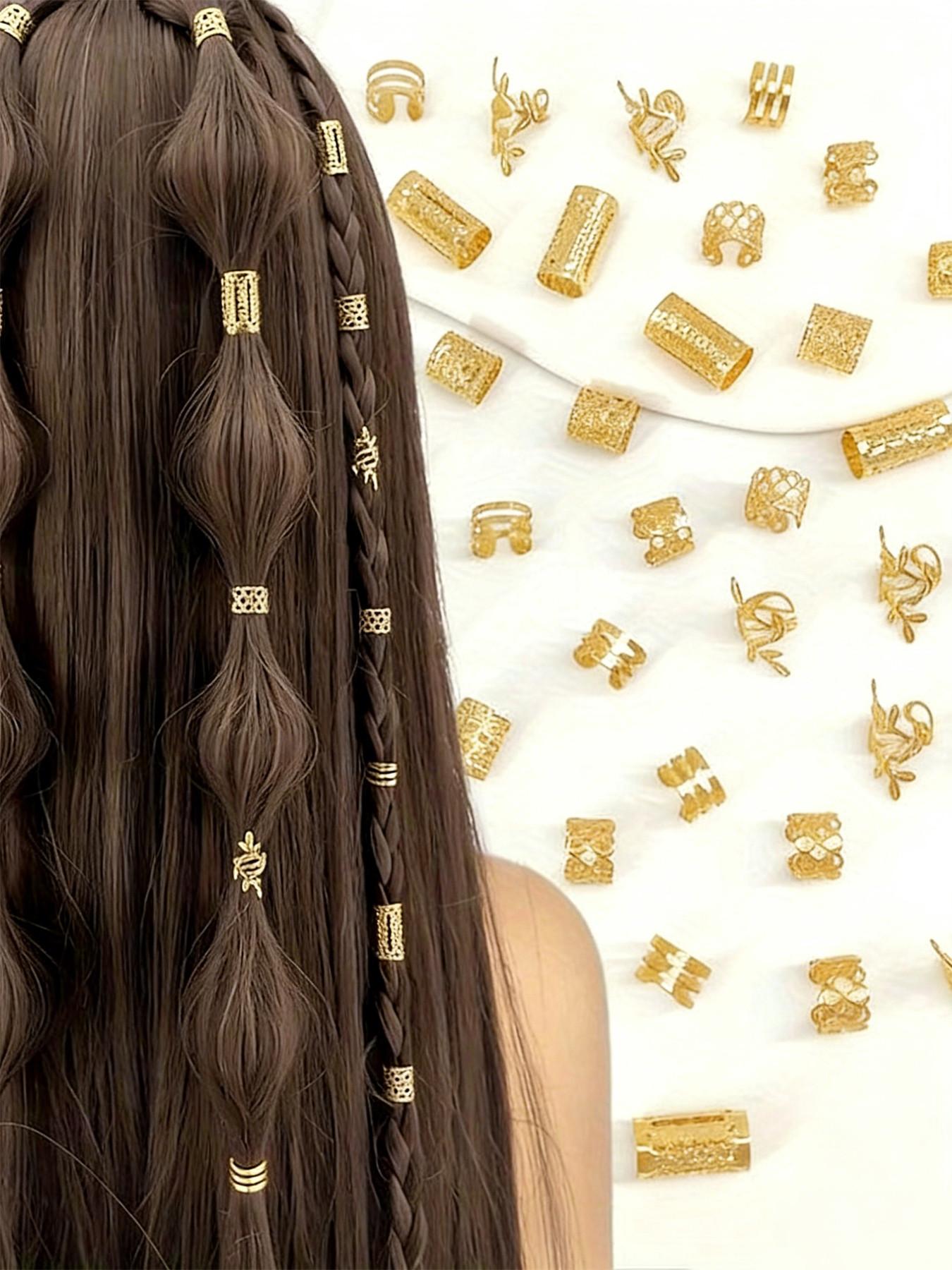 50 Pcs Boho Style Hair Rings Set, Vintage Alloy Hair Bands, Hollow Round Women's Headwear, Elegant Solid Color Braided Hair Accessories