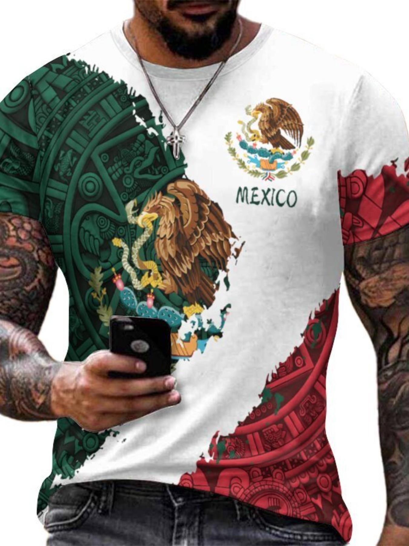 Mexico-themed 3D digital men's LongHuman Gamis crew neck slim-fit short-sleeve top men's soccer jersey pullover stretch T-shirt streetwear tropical white World Cup