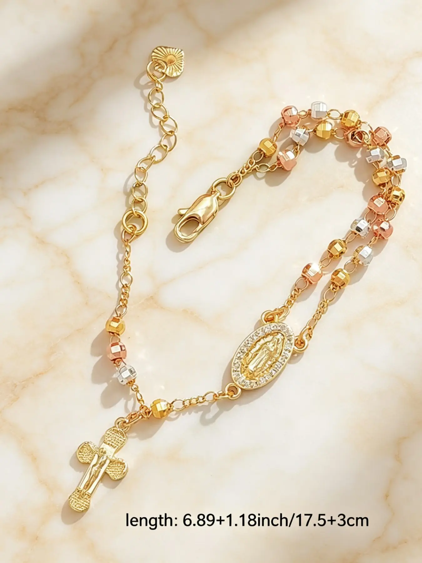 Tri‑Color Gold Our Lady of Guadalupe Rosary Bracelet, Virgen de Guadalupe Catholic Crucifix Prayer Bracelet, Hypoallergenic Anti‑Tarnish Religious Faith Jewelry Gift for Women，Adjustable, Copper Bracelets