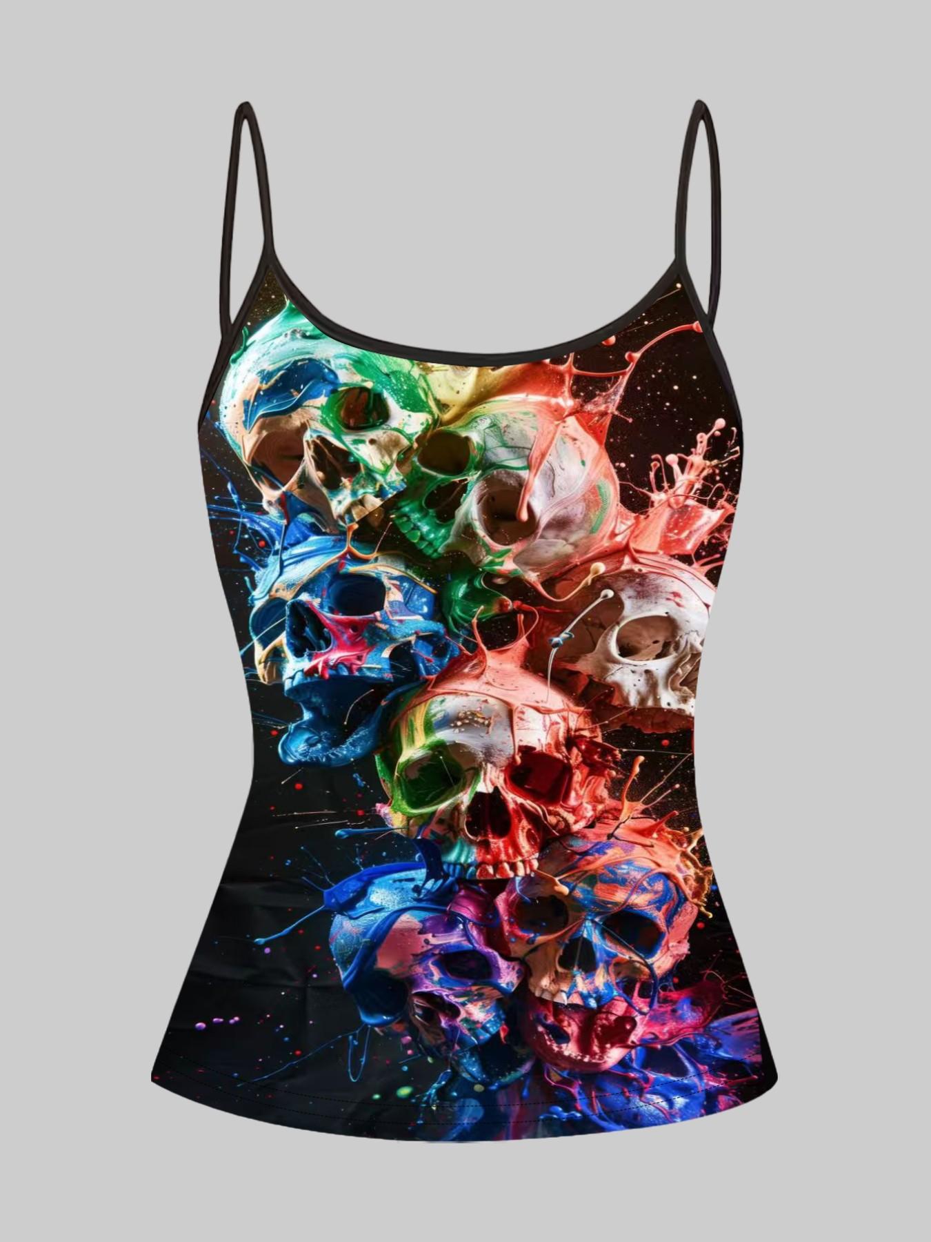 Vibrant Skull Octopus Print Strappy Top, Summer Home Sleepwear Outerwear, Unique Slim-Fit Shirt Set of Four Pieces