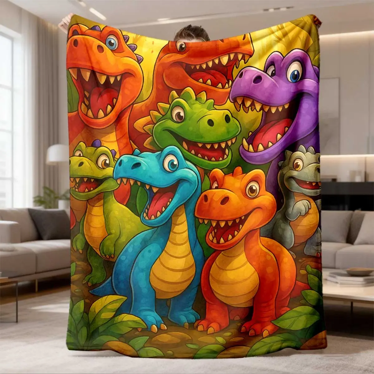 2026 New Arrival Flannel Blanket 1pc Cute Smiling Dinosaurs HD Digital Print Flannel Throw Blanket, Contemporary Animal Theme All-Season Cozy Thermo-Regulating Cover, 100% Polyester Lightweight Fabric, Suitable as a gift sizes 60*80,30*40 ,40*50 50*60