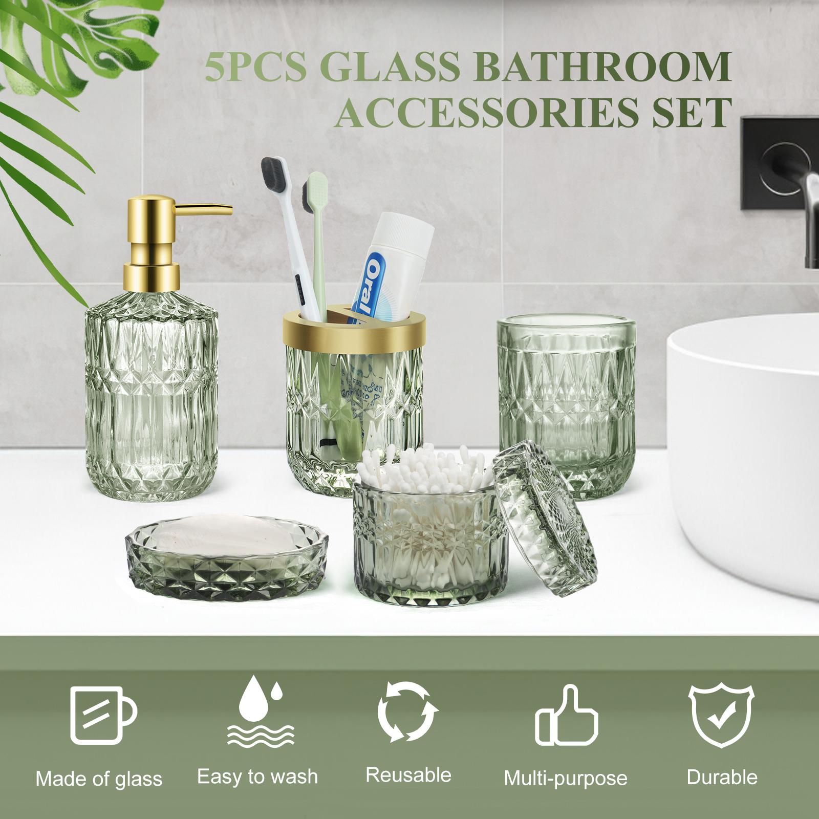 PLL Green Bathroom Accessories Set, 5Pcs Clear Glass Bathroom Accessories, Vanity Bathroom Decor, Hand Soap Dispenser, Soap Dish, Toothbrush Holder Set, Modern Countertop Organizer, Housewarming Gift Set PLL Green Bathroom Accessories Set, 5Pcs Clear Glass Bathroom Accessories, Vanity Bathroom Decor, Hand Soap Dispenser, Soap Dish, Toothbrush Holder Set, Modern Countertop Organizer, Housewarming Gift Set
