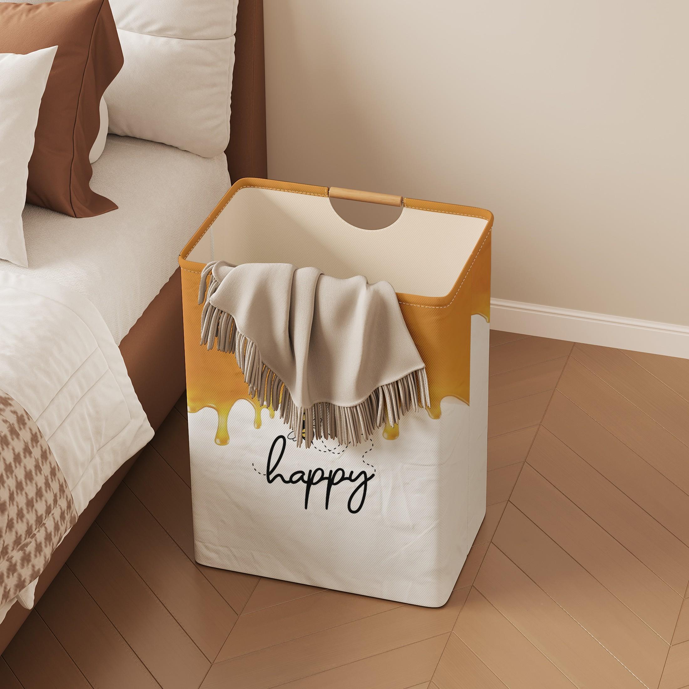 Honey Bee Text Pattern Open Storage Box, Foldable Laundry Basket with Handle, Home Bathroom Collapsible Clothes Organizer Bucket