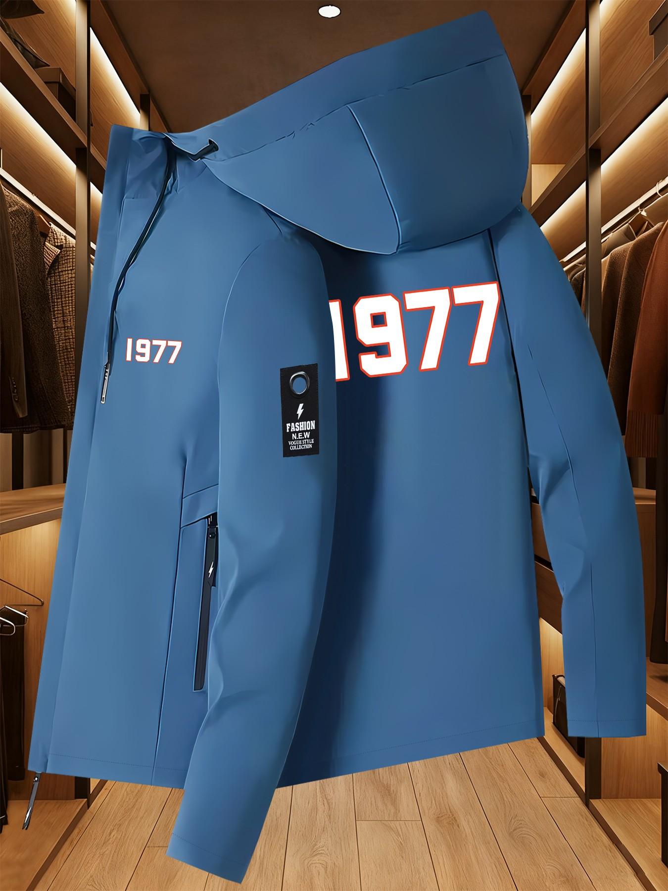 1977 Digital Print Jacket, Retro Number Windbreaker, Simple Casual Hooded Top, Long Sleeve Loose Fit, All Seasons Clothing