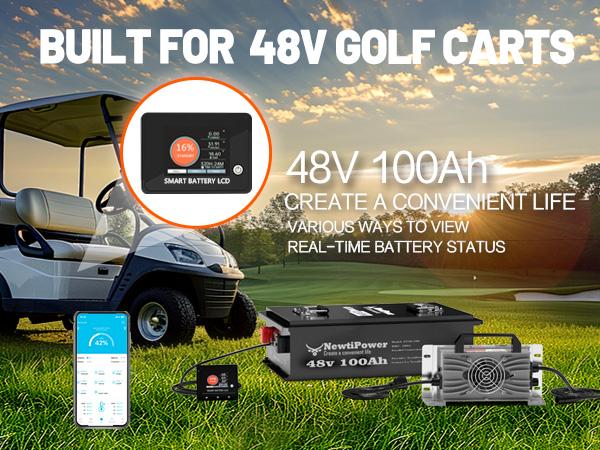 48V 100Ah Golf Cart LiFePO4 Battery with APP & Chager & Monitor, 10KW Continuous Power Lithium Battery with 200A BMS, Up to 10000+ Rechargeable Cycles, Perfect for golf cart