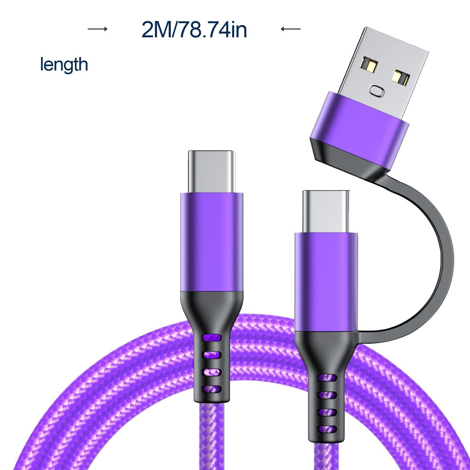 Multi-functional 2-in-1 fast charging data cable, 2M long, made with high-density nylon braided cable body and metal casing design, compatible with USB-C, Type-C-C, iPhone/15/16/Samsung/Galaxy/tablets/laptops, allowing fast charging for multiple devices,