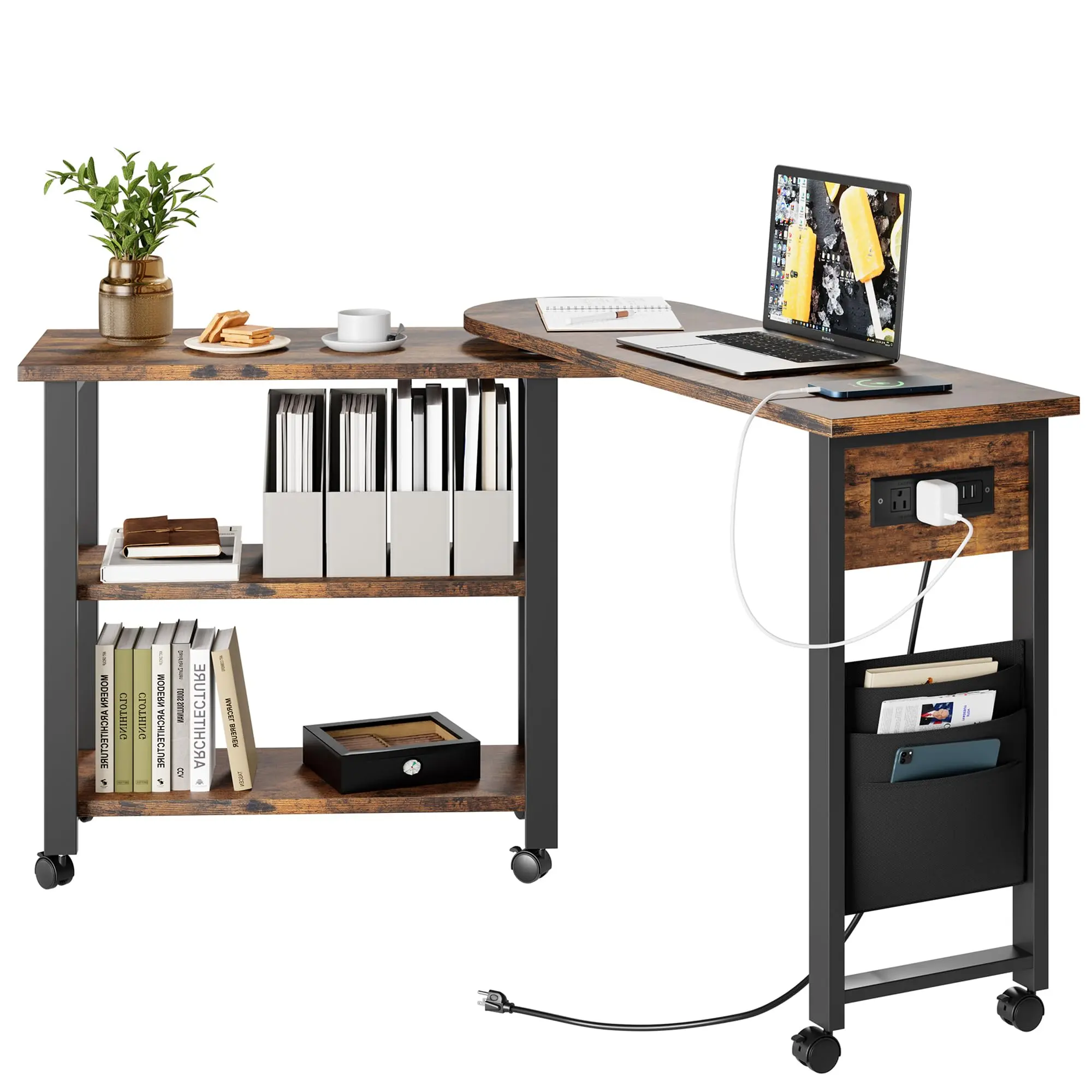 Rotating Side Table with Charging Station, Coffee Table for Living Room, Small Space End Table with 6 Swivel Wheels for Couch, Bedroom, Balcony, Space-Saving Accent Table