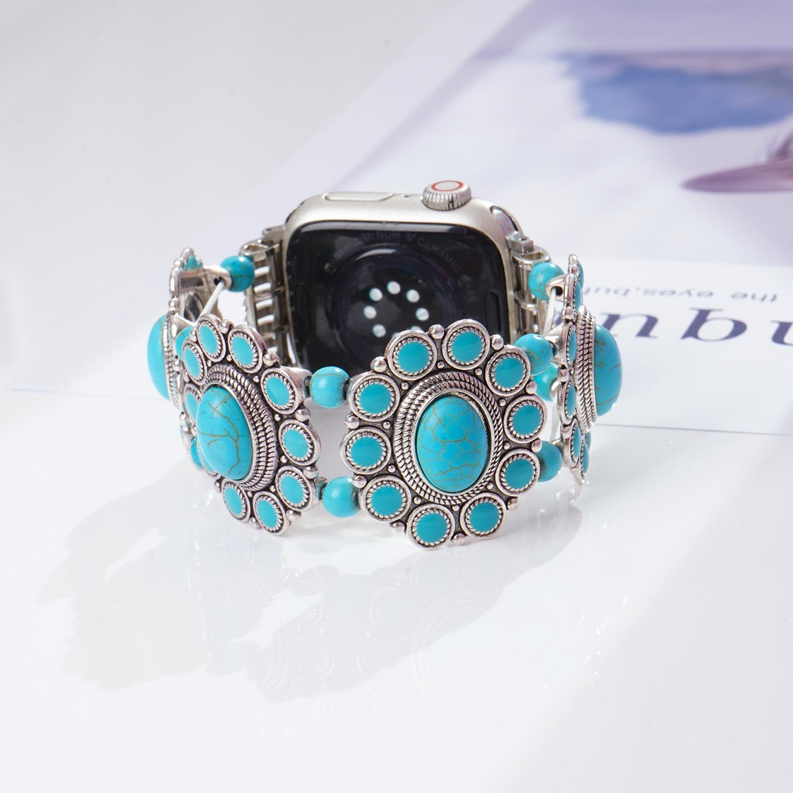 Bohemian Turquoise Beaded Band for Apple Watch，38mm,40mm,41mm,42mm,44mm,45mm,46mm,49mm Boho Vibe Turquoise Stretch Strap for iWatch Ultra1/2/3，S10 S11 SE987654321 Smartwatch Strap Smart Watch Accessories Smart Watch Straps