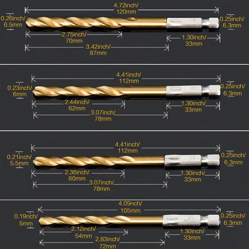 Titanium Coated Twist Drill Bit Set, Hex Shank High Speed Steel Drill Bits 1.5mm-6.5mm Spiral Saw Drill Bit, Quick Change Woodworking Drilling Tool, Gift