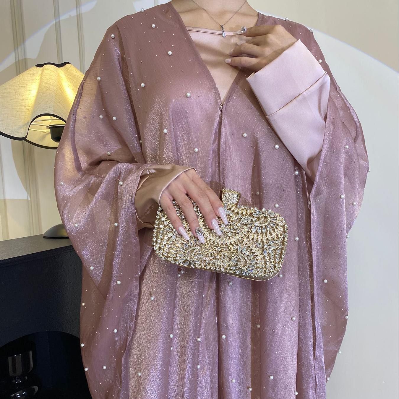 CL01 Starlight sparkling pearl abaya, two piece suit, abaya cardigan, bottoming dress Modest Beige Women Chiffon Chic【Fashionweek】 Modern