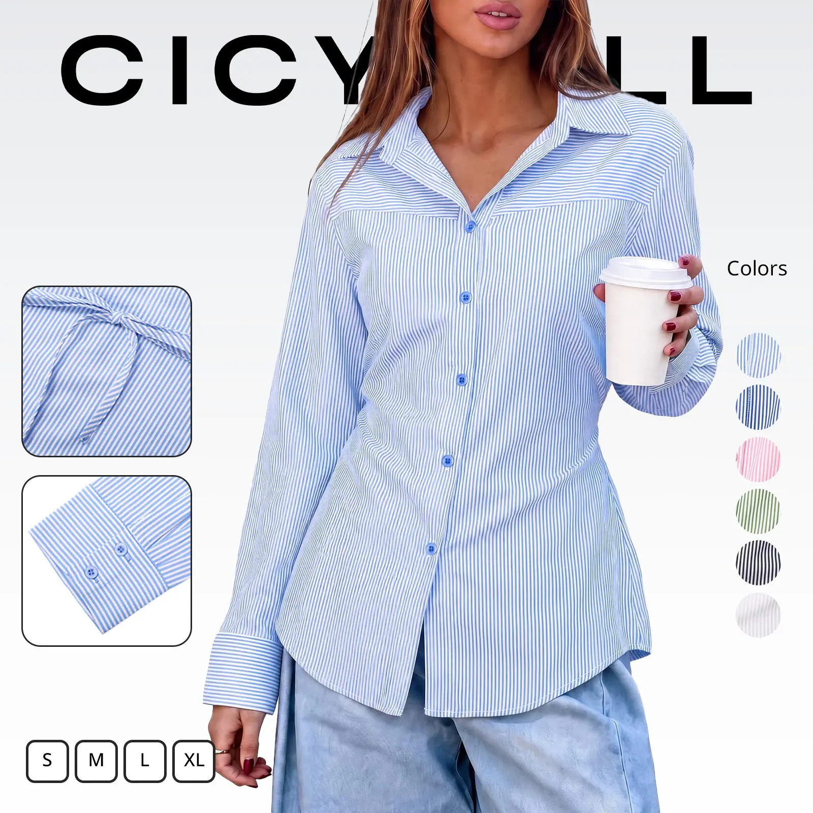 Cicy Bell Women's Striped Button Down Shirt Tie Back Cinched Waist Blouse