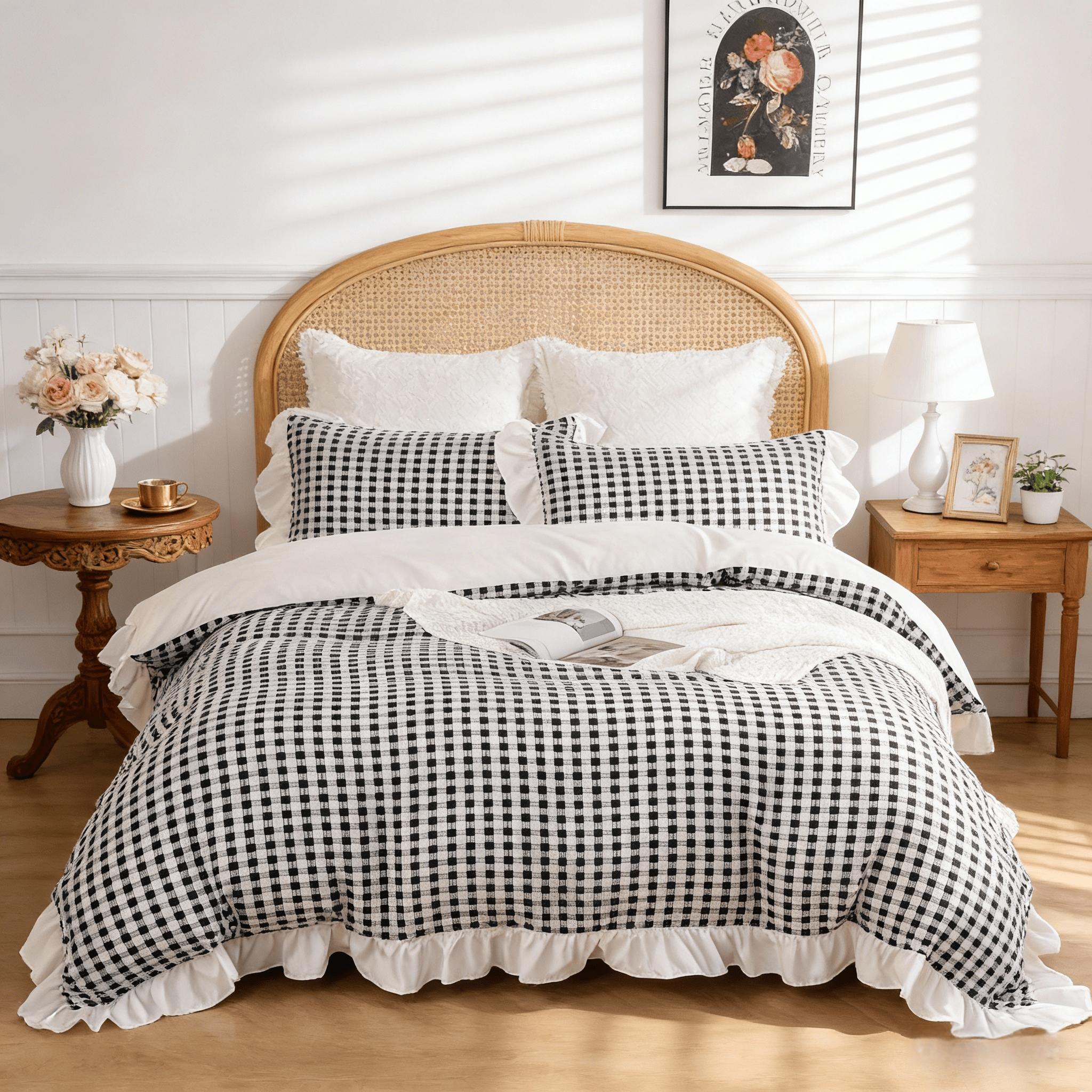 3Pcs Black White Gingham Duvet Cover Set, French Ruffle Vintage Design, Soft Skin-friendly Breathable Cozy, Ideal for Bedroom Dorm Home Decor Daily Use (No Filling, No Pillow Inserts)