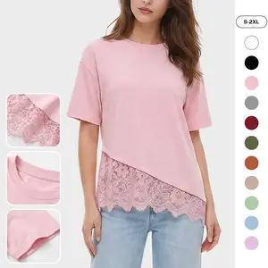 Imily Bela Womens Layered Lace Bottom T Shirt for Women Irregular Hem Crewneck Short Sleeve Casual Blouse