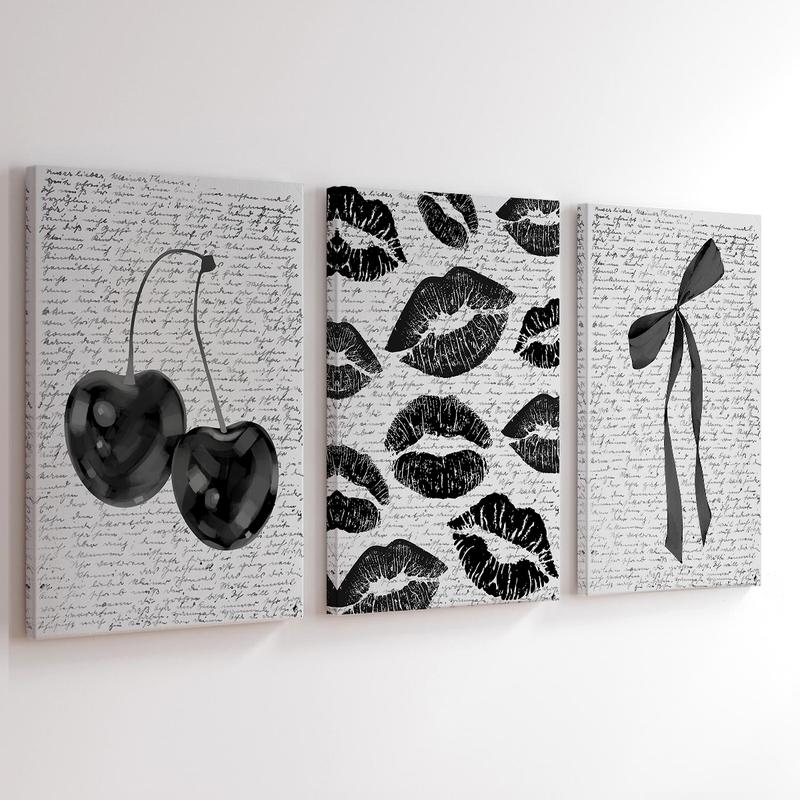 3Pcs/Set Wooden Framed Black White Retro Cherry Canvas Poster, Coquette Bow Trendy Wall Art, Aesthetic Design, Preppy Decor, Lips Kiss Prints, Artwork Wall Painting For Gift, Dark Aesthetic, Wall Decor For Bedroom, Living Room, Ready To Hang 3Pcs/Set Wooden Framed Black White Retro Cherry Canvas Poster, Coquette Bow Trendy Wall Art, Aesthetic Design, Preppy Decor, Lips Kiss Prints, Artwork Wall Painting For Gift, Dark Aesthetic, Wall Decor For Bedroom, Living Room, Ready To Hang