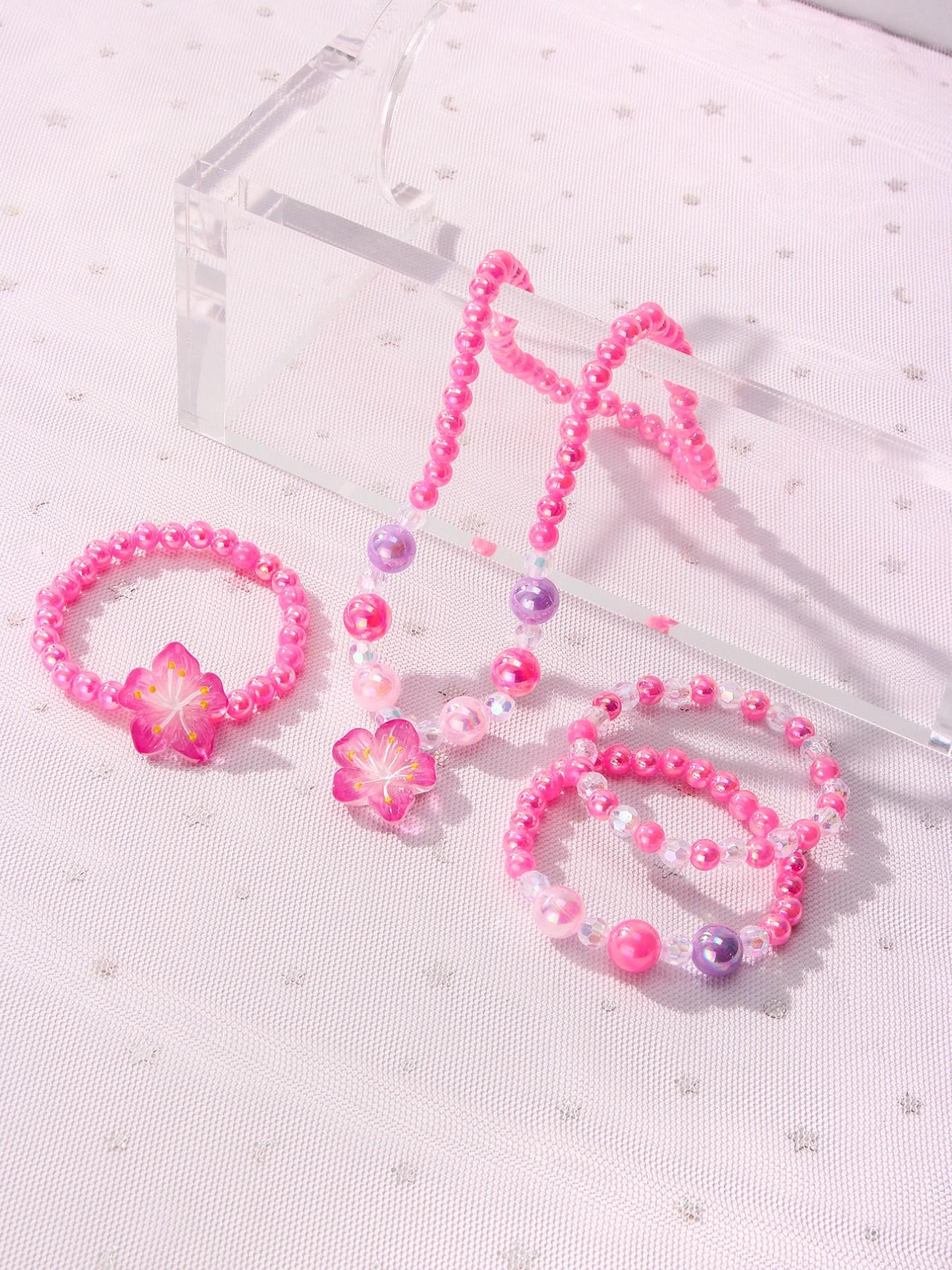 4pcs/set Acrylic Flower Pendant Necklace Bracelet Set, Cute Jewelry for Girls, Birthday Party Gift, All Seasons Wear