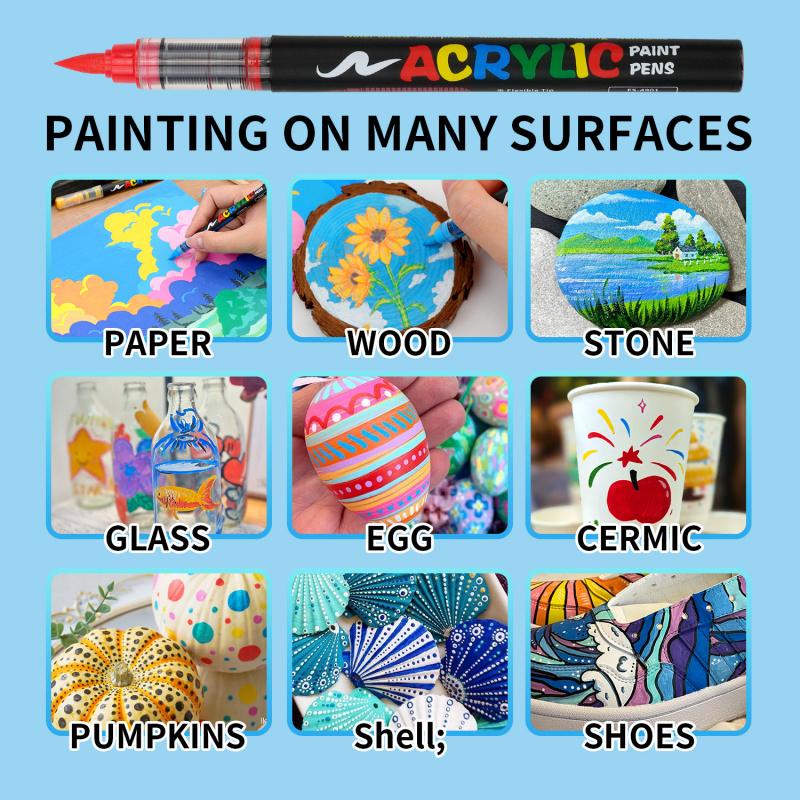 Acrylic Paint Markers, Soft Brush Tip Acrylic Paint Pens, Quick-Drying Waterproof Ink, for Rock Painting Plastic Wood Canvas Glass Ceramic Metal Art Crafts Supplies, Art Marker Set Christmas Gift
