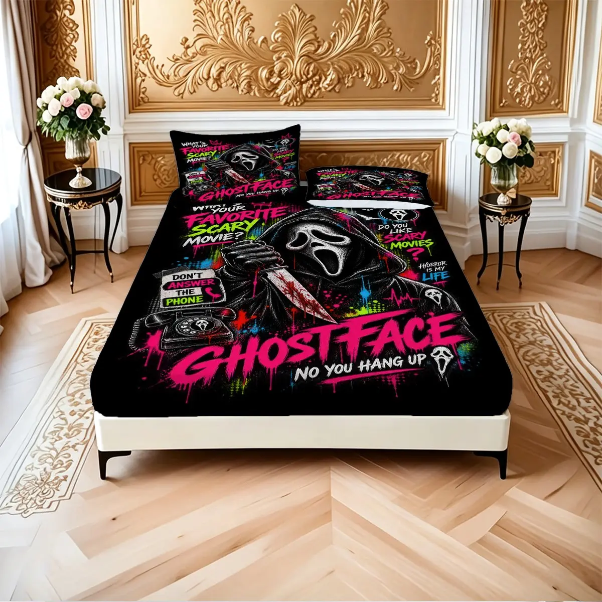 3 Piece High‑Definition Digital Printing Fitted Sheet Set, Ghostface Scream Horror Movie Graffiti Pattern, Stylish Bedding Set, (No Filling, 1 Fitted Sheet, 2 Pillowcases), Trendy Printed Bed Cover for Bedroom, Apartment, Breathable Fitted Sheet