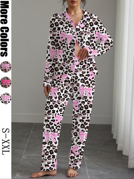 Women's Autumn Winter Pajama Set, Cute Bowknot Print, Holiday Party Sleepwear, Shirt Collar Button Long Sleeve Top & Elastic Pants, Pajamas For Adults