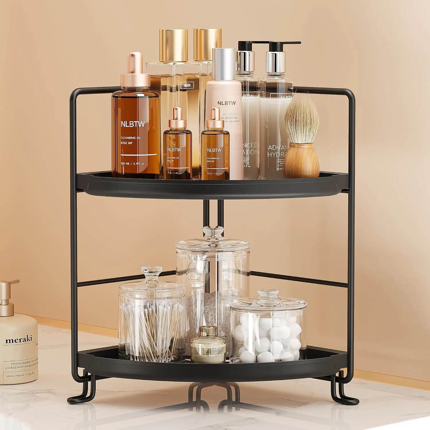NLBTW 2-Tier Corner Bathroom Countertop Organizer, Tool-Less Installation Vanity Tray with 6.7x6.7x11" Corner Shelves for Skincare, Black Plastic Small Storage Holder