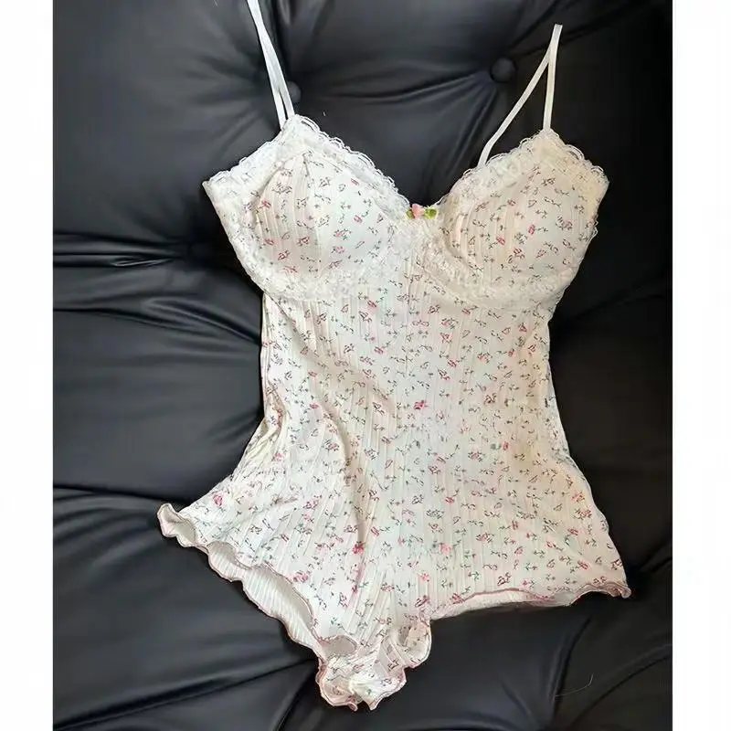 Women's Sweet Pink Floral Print Lace Trim Bodysuit Spaghetti Straps Ruffle Hem Cute Kawaii Lingerie Sleepwear One Piece Outfit