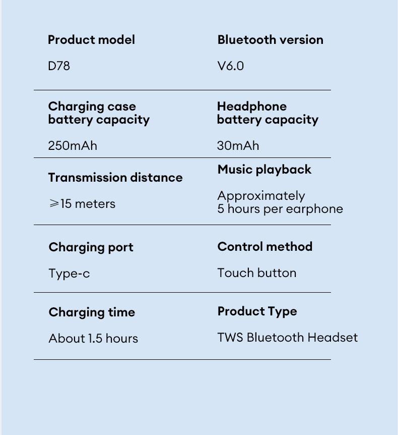 HYUNDAI D78 Earhook Bluetooth Earphone, with a new lightweight and micro in ear titanium alloy ear hook design, paired with a transparent and stylish headphone compartment, is very suitable for fashionable young people, work, leisure, sports use, etc